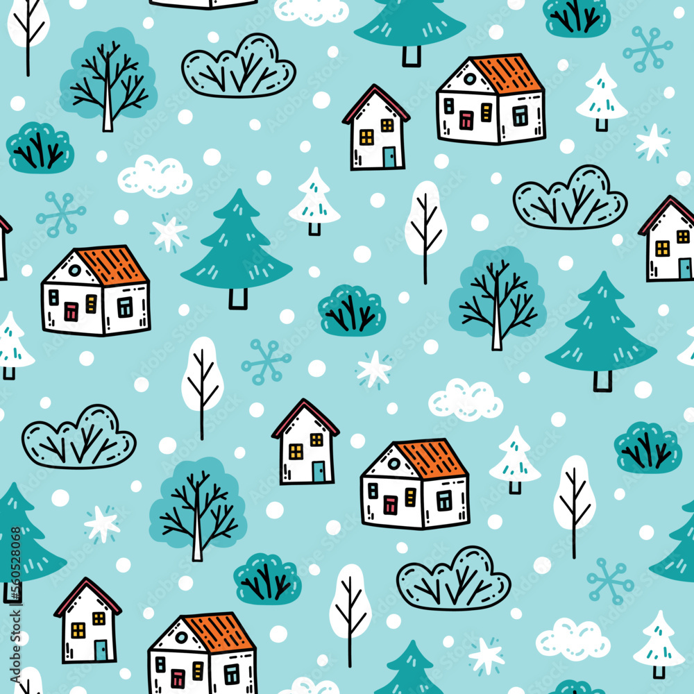 Winter seamless pattern with tiny houses, snowy trees, snowflakes on blue background. Cute simple print for kids textile, wrapping paper, packaging design