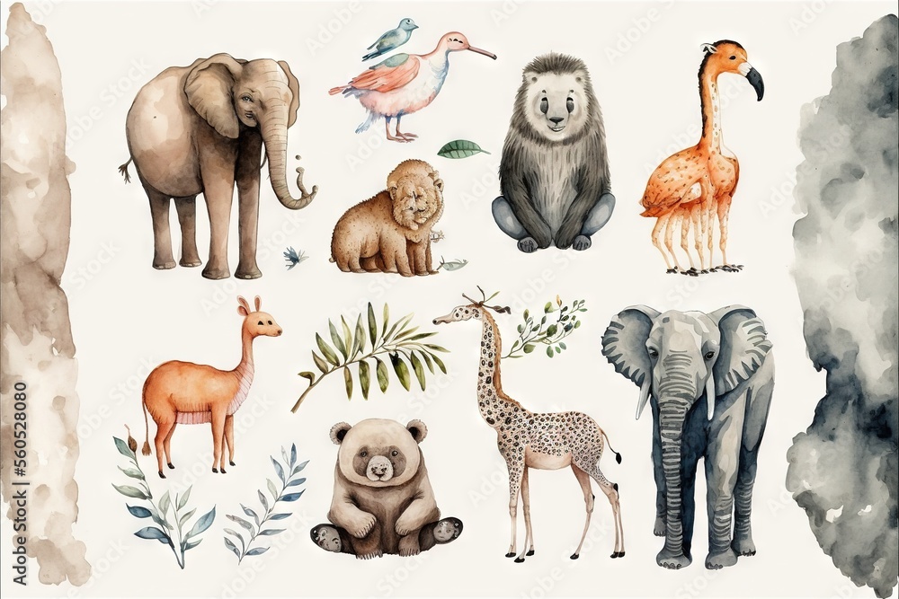 a watercolor painting of different animals and birds on a white background with a watercolor effect of a giraffe, an elephant, a giraffe, a zebra, a giraffe, a bird, a bird, a bird, and a bird. a watercolor painting of different animals and birds on a white background with a watercolor effect of a giraffe, an elephant, a giraffe, a zebra, a giraffe, a bird, a bird, a bird, and a bird.