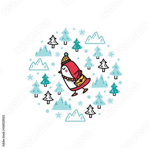 Cute baby penguin running in a snowy forest. Funny winter illustration for printing on kids textile  greeting cards  stickers