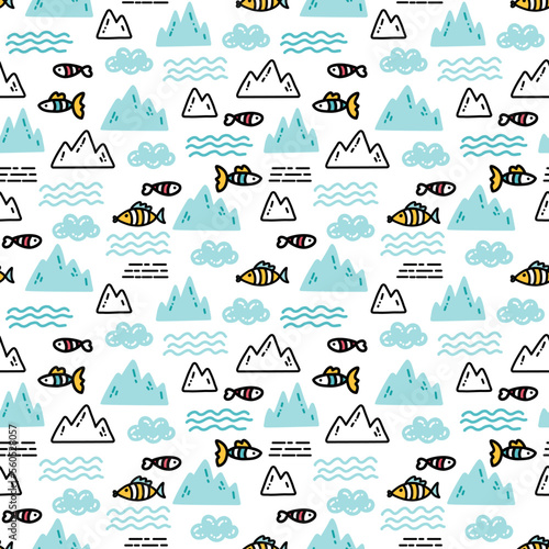 Simple childish pattern with fishes and icebergs hand drawn in doodle style on white background. Winter vector print for kids textile, wrapping paper, packaging design