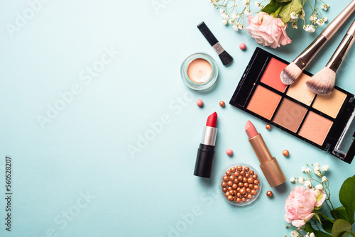 Bilde på lerret Make up professional cosmetics on blue background