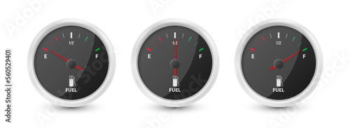 Vector 3d Realistic Black Gas Fuel Tank Gauge, Oil Level Bar Set Isolated. Full and Empty. Display Board, Fuel Gauge Panel, Car Dashboard Details. Fuel Indicator, Gas Meter, Sensor. Design Template