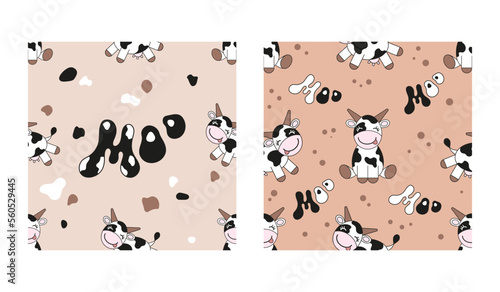 Two vector seamless patterns with cartoon black and white cheerful cows on light backgrounds