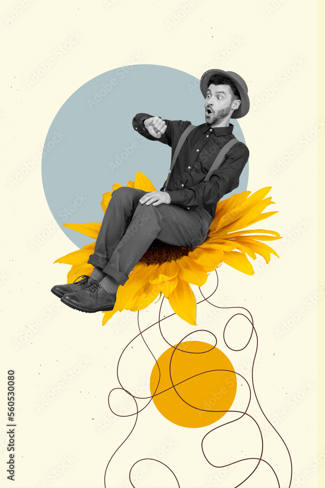 Creative template collage of elegant glamour man sit sunflower look watch wait 8 march valentine day date on surreal background - obrazy, fototapety, plakaty 