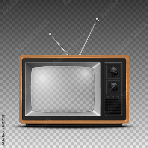 Vector 3d Realistic Brown Wooden Retro TV Receiver with Transparent Screen Isolated. Home Interior Design Concept. Vintage TV Set, Television, Front View