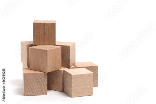 Beech wooden cubes white background.