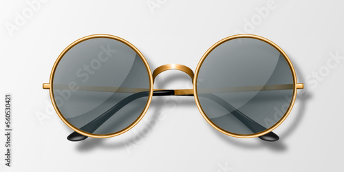 Vector 3d Realistic Round Frame Glasses Icon Isolated. Yellow Golden Colored Metal Frame. Transparent Black Sunglasses for Women and Men, Accessory. Optics, Lens, Vintage, Trendy Glasses. Top View