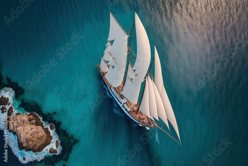 An aerial drone took this incredibly wide panorama photo of a lovely sailboat with white sails sailing in the Mediterranean. Generative AI