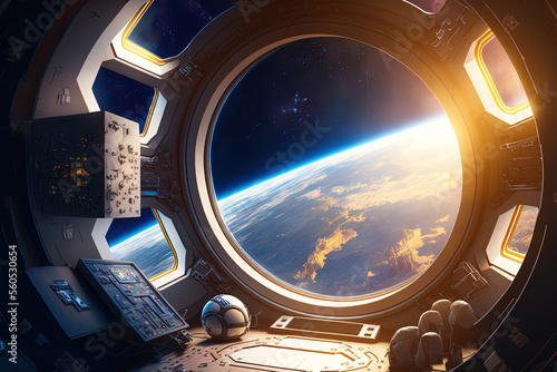 A space station's futuristic interior featuring a view of Earth. Generative AI