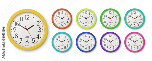 Vector 3d Realistic Different Colors Round Wall Office Clock Set, Design Template Isolated. White Dial, Mock-up of Wall Clock for Branding, Advertise Isolated. Clock Face Design