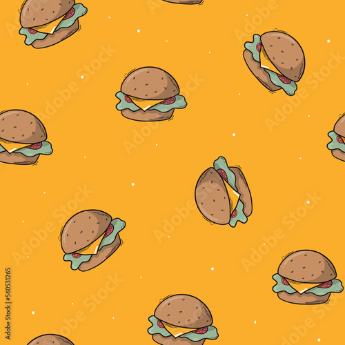 hamburgers seamless pattern with doodles on yellow background. Wallpaper, wrapping paper, scrapbooking, packaging, textile print design. EPS 10