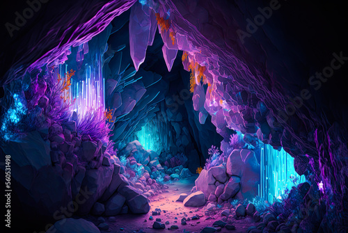 Photo Crystal cave setting. Generative AI