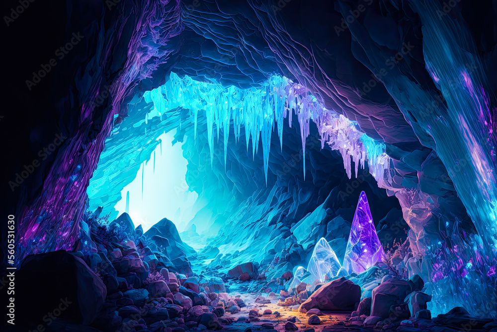 Crystal cave setting. Generative AI