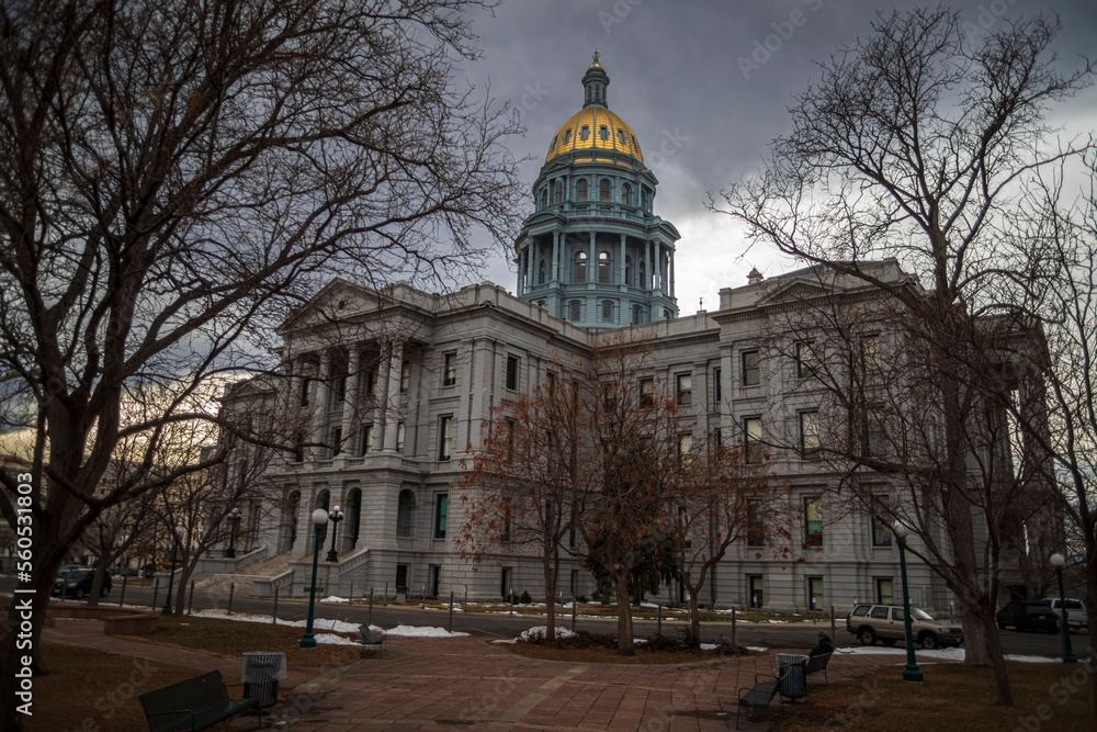 Dark ominous cloudy sky looms over the Colorado State Capital