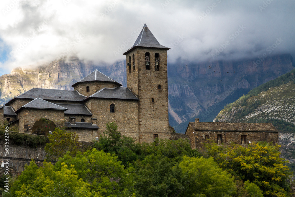 San Salvador Church in Torla, next to Ordesa y Monte Perdido National Park in the valley of Ordesa