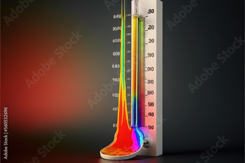  a thermometer with a temperature of degrees and a temperature of degrees on it, with a red and yellow background, with a black background, red, and green, and blue, and yellow. photo