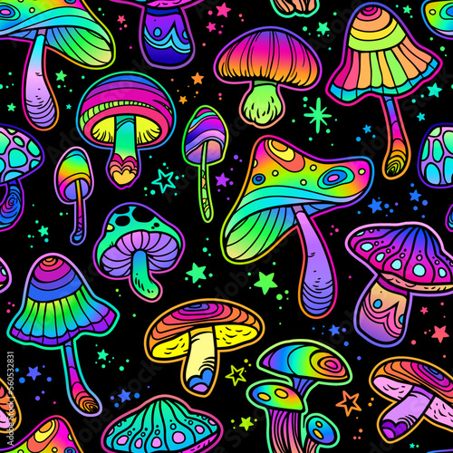 Bright psychedelic mushrooms on a black background