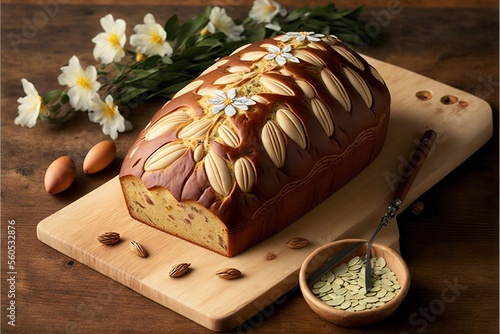  a loaf of bread sitting on top of a wooden cutting board next to a bowl of nuts and flowers on a wooden table with a spoon and a bowl of seeds next to it and a flower.