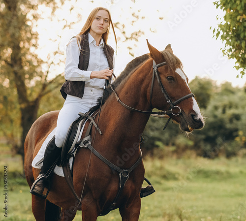 A young female jockey is sitting on her horse in show jumping training. Preparing for the competition.