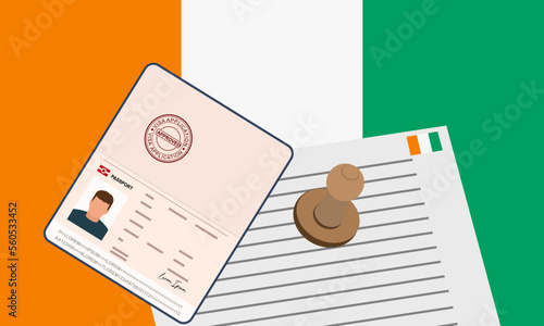 Ivory Coast visa, open stamped passport with visa approved document for border crossing. Immigration visa concept. Background with Ivory Coast flag. vector illustration