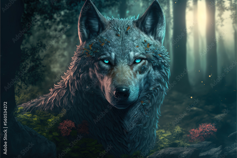 A beautiful illustration of a wolf looking directly at the camera in a fantasy forest, Generative AI