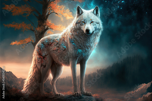 White wolf in a fantasy landscape, Generative AI