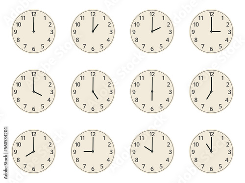 Watch faces. Cartoon clocks showing different time, round analog watch faces with numbers flat vector illustration set. Vintage clock faces