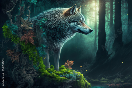 Obraz na plátně Beautiful wolf in a magical fantasy forest, Generative AI