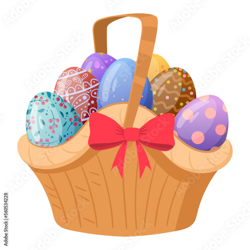 Cartoon easter wicker basket. Painted easter eggs in hamper handle basket, spring holiday celebration basket flat vector illustration on white background