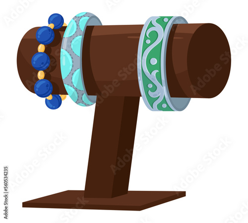 Cartoon jewelry bracelet holder. Glamorous precious accessories, jewelry and bijouterie holder flat vector illustration on white background