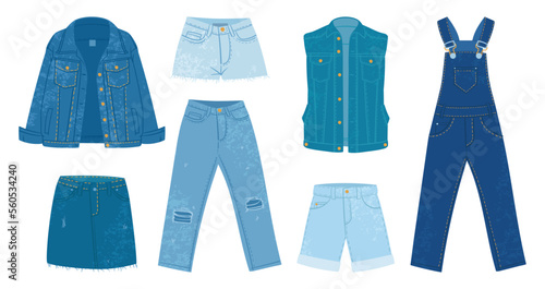 Cartoon jeans. Denim clothes, pants, casual jacket, skirt and overall, denim fabric garments flat vector illustration set on white background