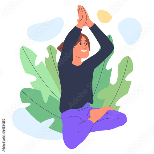 Man meditating in lotus pose. Yoga meditation, relaxing mindful male person breath and balance training flat vector illustration on white background