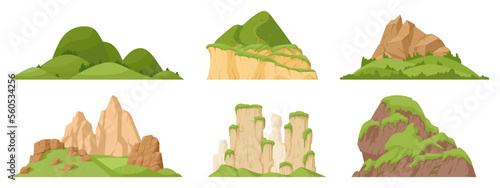 Green mountains set. Cartoon hill tops, mountain green peak and rocky range, nature landscape mountain silhouettes flat vector illustrations on white background