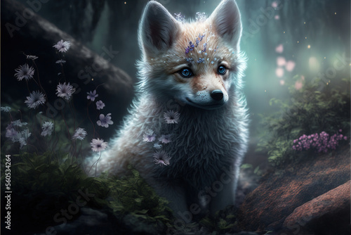 Cute little wolf pup in a magical fantasy forest  Generative AI