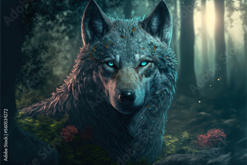A beautiful illustration of a wolf looking directly at the camera in a fantasy forest, Generative AI © Dianne