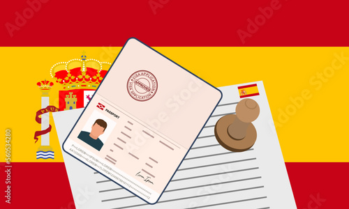 Spain visa, open stamped passport with visa approved document for border crossing. Immigration visa concept. Background with Spain flag. vector illustration