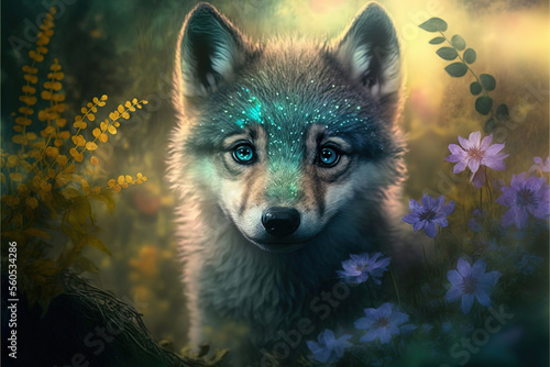 Cutest little wolf pup in a magical fantasy forest  Generative AI