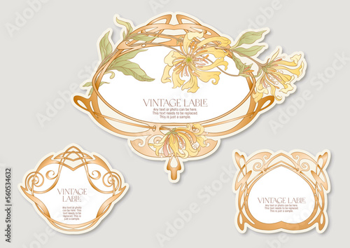 Decorative flowers and leaves in art nouveau style, vintage, old, retro style. Border, frame, template for product label, cosmetic packaging. Easy to edit. Vector illustration.