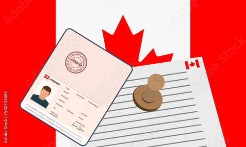 Canada visa, open stamped passport with visa approved document for border crossing. Immigration visa concept. Background with Canada flag. vector illustration