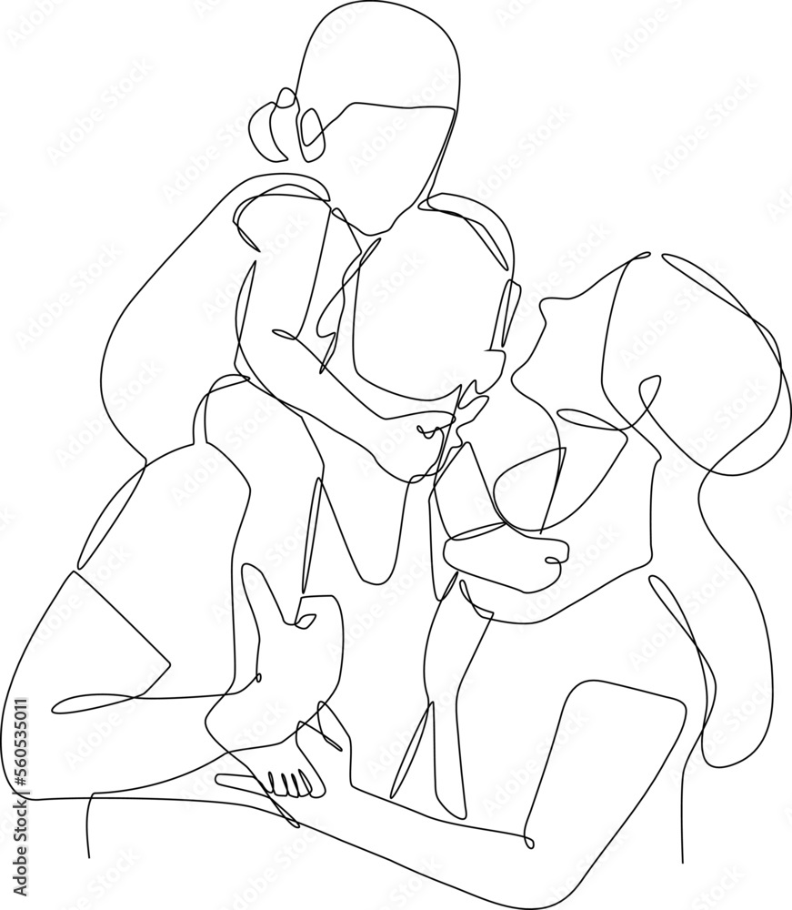 One continuous line drawing of young family playing together at parks. Happy family concept. Single line draw vector graphic design illustration One continuous line drawing of young family playing together at parks. Happy family concept. Single line draw vector graphic design illustration