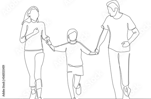 One continuous line drawing of young family are running in the park. Happy family concept. Single line draw vector graphic design illustration