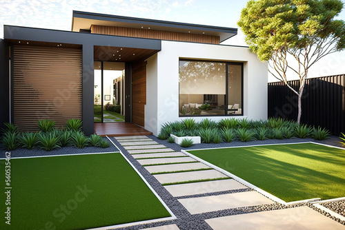 A contemporary Australian home or residential building's front yard features artificial grass lawn turf with timber edging. Generative AI photo