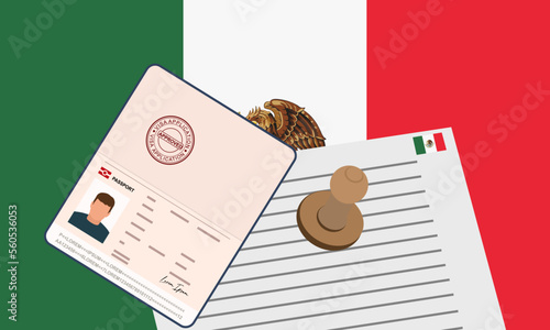 Mexico visa, open stamped passport with visa approved document for border crossing. Immigration visa concept. Background with Mexico flag. vector illustration