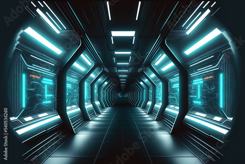 Spaceship hallway. inside view of a futuristic tunnel with lighting. Future context  business  science fiction  or other idea. Generative AI