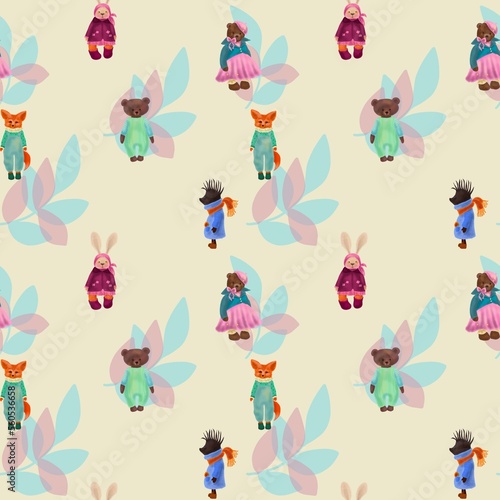 pattern with cute animals. bear, fox, hare, fox.