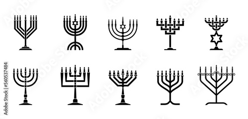 Collection silhouette style Hebrew big menorah with seven branched vector illustration