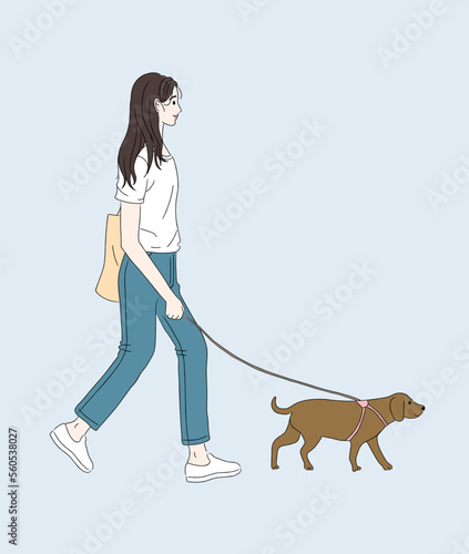 Young woman walking with dog. Pet owner strolling with cute puppy on leash. Outdoor activity concept. For postcard, poster. Simple line drawing. Trendy vector illustration. Hand drawn style.