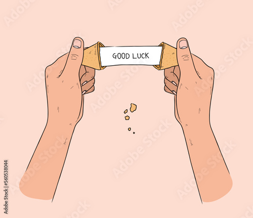 Cracked fortune telling cookies in hands. Man holding fortune cookie with message slip. Good day forecasting. Simple line drawing. Flat design. Trendy vector illustration. Hand drawn style.
