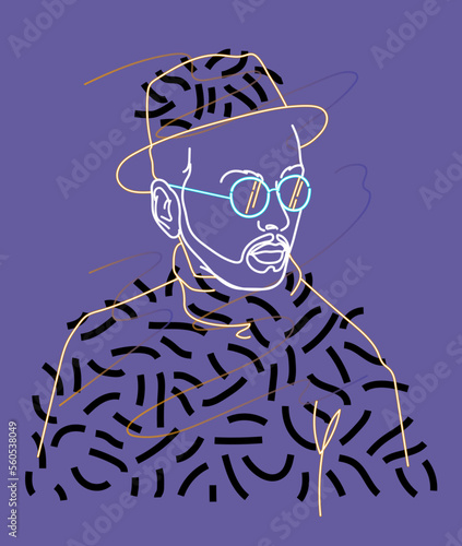 Portrait of hipster fashionable man. Symbol of creator, philosopher. Abstract man wearing sunglasses.  For postcard, poster. Simple line art. Trendy vector illustration. Hand drawn style.