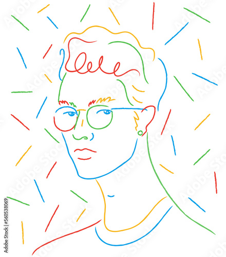 Portrait of hipster fashionable man. Symbol of creator, philosopher. Abstract colorful young man. charming boy. For postcard, poster. Simple line art. Trendy vector illustration. Hand drawn style.